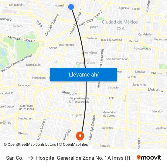 San Cosme to Hospital General de Zona No. 1A Imss (Hgz No. 1A Imss) map