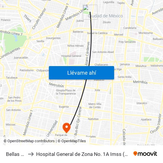 Bellas Artes to Hospital General de Zona No. 1A Imss (Hgz No. 1A Imss) map