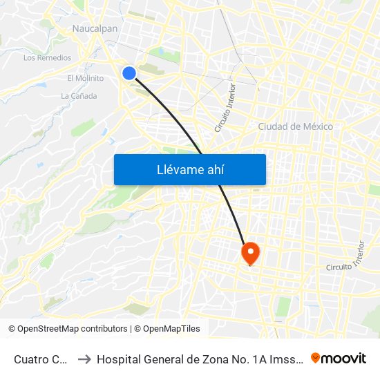 Cuatro Caminos to Hospital General de Zona No. 1A Imss (Hgz No. 1A Imss) map