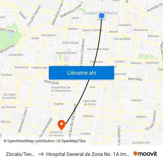 Zócalo/Tenochtitlán to Hospital General de Zona No. 1A Imss (Hgz No. 1A Imss) map