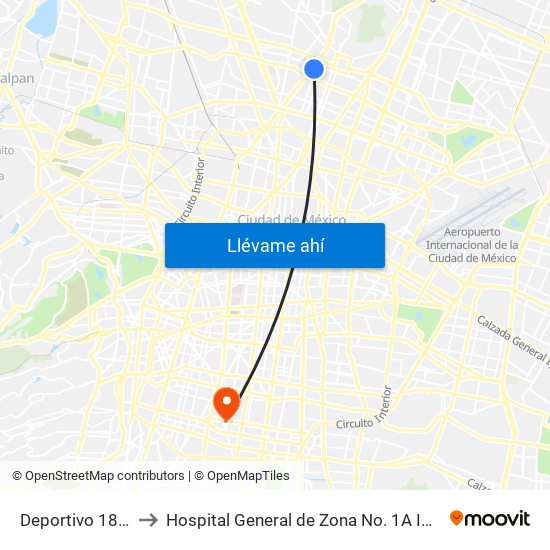 Deportivo 18 de Marzo to Hospital General de Zona No. 1A Imss (Hgz No. 1A Imss) map