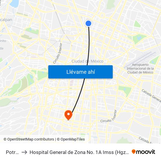 Potrero to Hospital General de Zona No. 1A Imss (Hgz No. 1A Imss) map