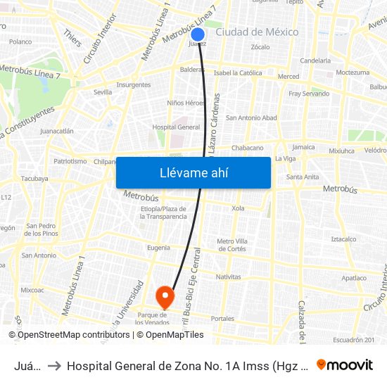 Juárez to Hospital General de Zona No. 1A Imss (Hgz No. 1A Imss) map