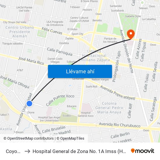 Coyoacán to Hospital General de Zona No. 1A Imss (Hgz No. 1A Imss) map