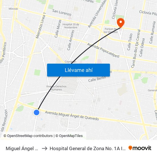 Miguel Ángel de Quevedo to Hospital General de Zona No. 1A Imss (Hgz No. 1A Imss) map