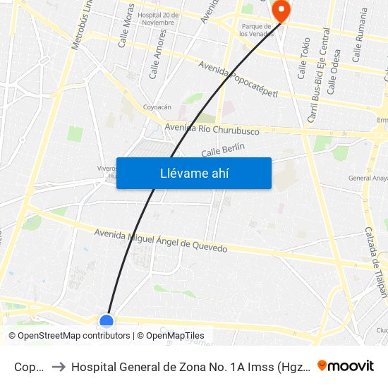 Copilco to Hospital General de Zona No. 1A Imss (Hgz No. 1A Imss) map