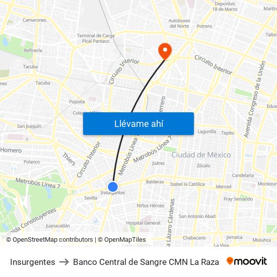 Insurgentes to Banco Central de Sangre CMN La Raza map