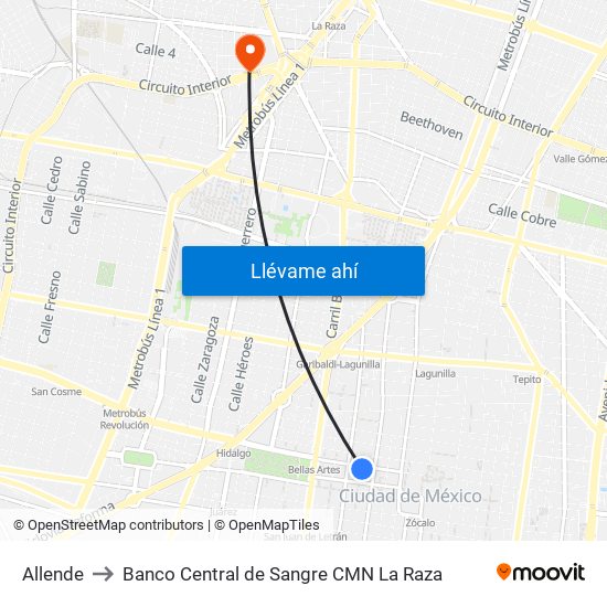 Allende to Banco Central de Sangre CMN La Raza map