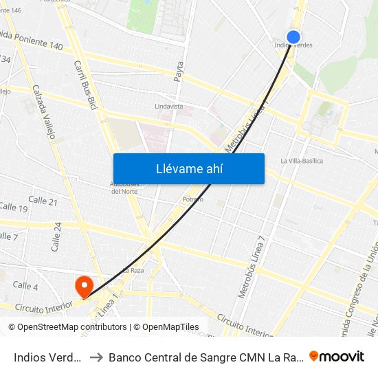 Indios Verdes to Banco Central de Sangre CMN La Raza map