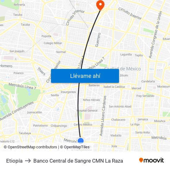 Etiopía to Banco Central de Sangre CMN La Raza map
