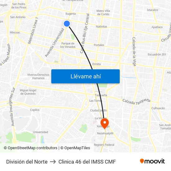 División del Norte to Clinica 46 del IMSS CMF map