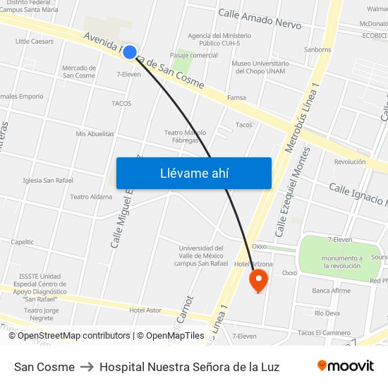 San Cosme to Hospital Nuestra Señora de la Luz map