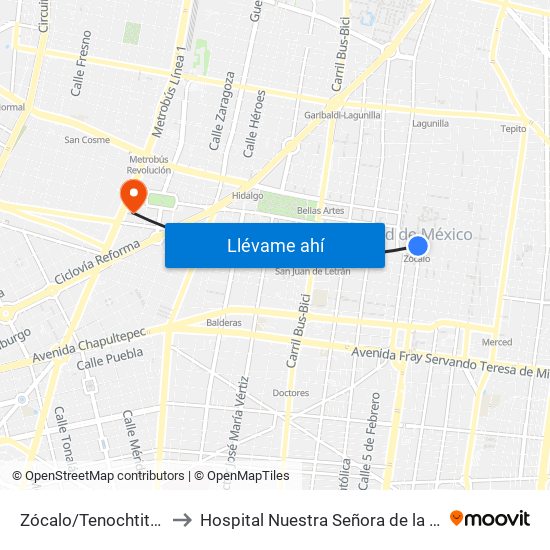 Zócalo/Tenochtitlán to Hospital Nuestra Señora de la Luz map