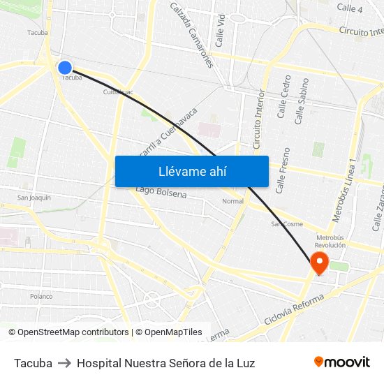 Tacuba to Hospital Nuestra Señora de la Luz map
