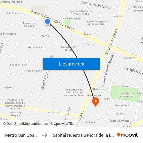 Metro San Cosme to Hospital Nuestra Señora de la Luz map