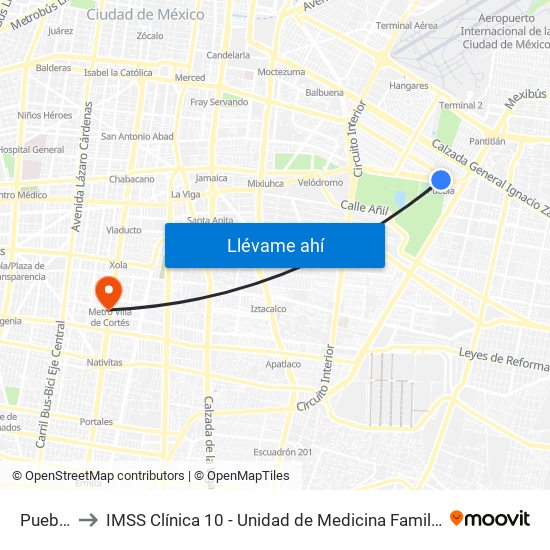 Puebla to IMSS Clínica 10 - Unidad de Medicina Familiar map