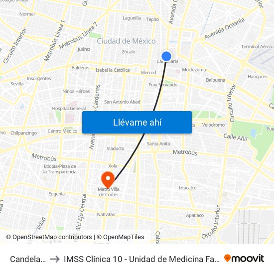 Candelaria to IMSS Clínica 10 - Unidad de Medicina Familiar map