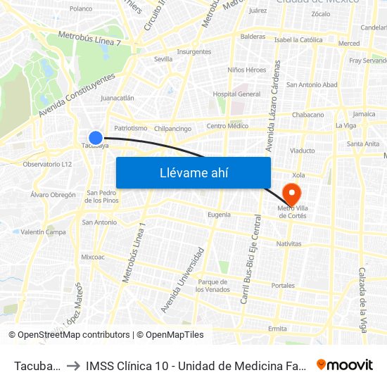 Tacubaya to IMSS Clínica 10 - Unidad de Medicina Familiar map