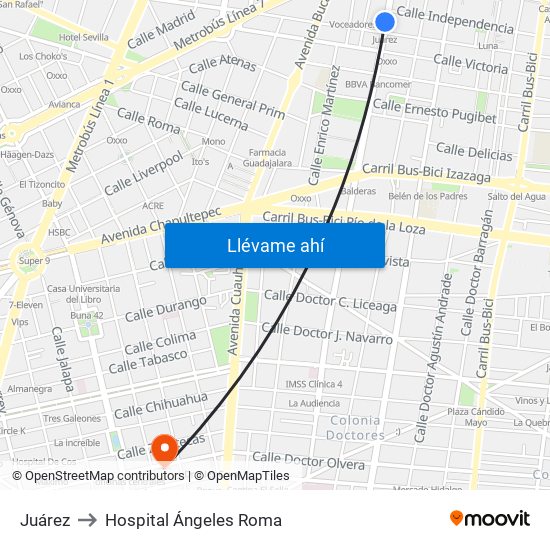 Juárez to Hospital Ángeles Roma map