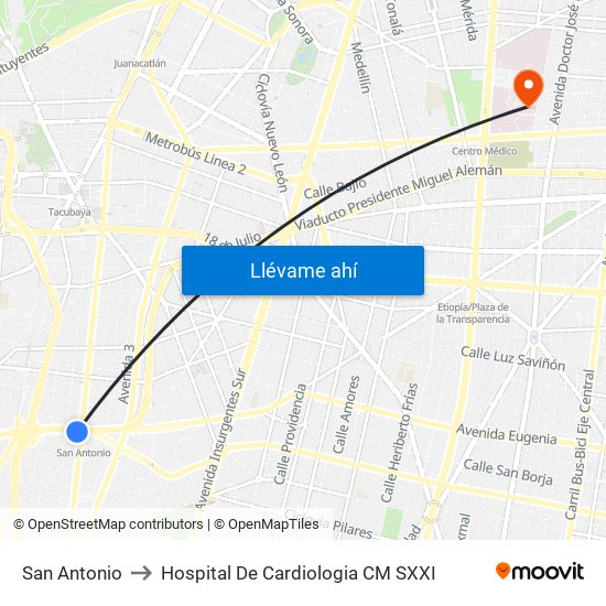 San Antonio to Hospital De Cardiologia CM SXXI map