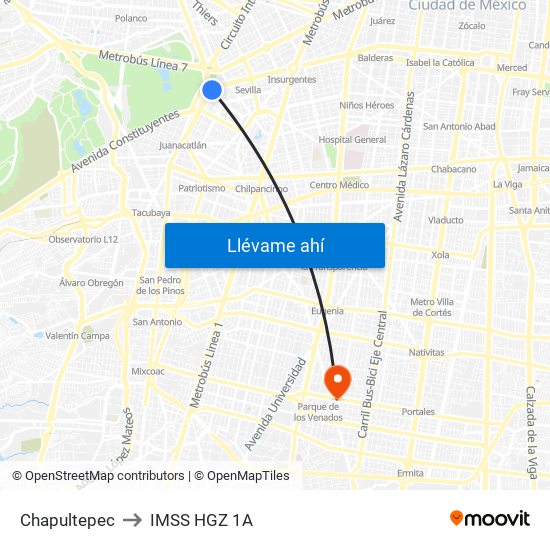 Chapultepec to IMSS HGZ 1A map