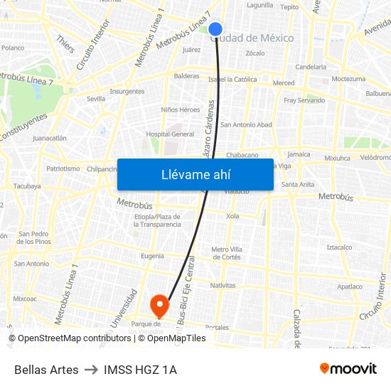 Bellas Artes to IMSS HGZ 1A map