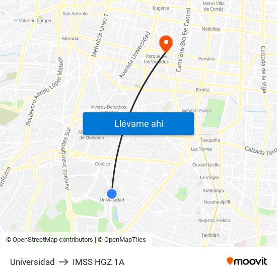 Universidad to IMSS HGZ 1A map