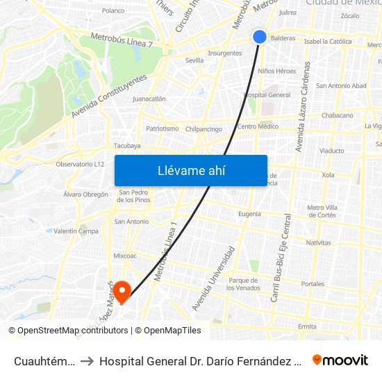 Cuauhtémoc to Hospital General Dr. Darío Fernández Fierro map