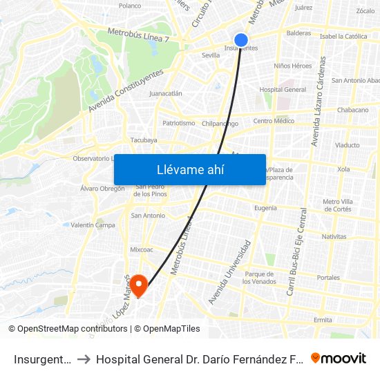 Insurgentes to Hospital General Dr. Darío Fernández Fierro map