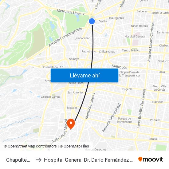 Chapultepec to Hospital General Dr. Darío Fernández Fierro map