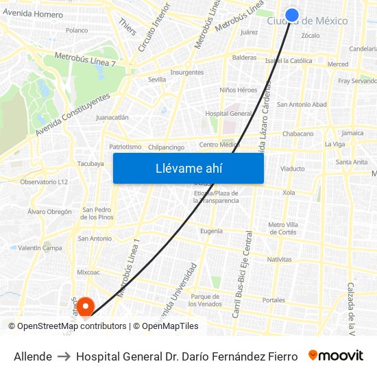 Allende to Hospital General Dr. Darío Fernández Fierro map