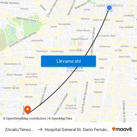 Zócalo/Tenochtitlán to Hospital General Dr. Darío Fernández Fierro map