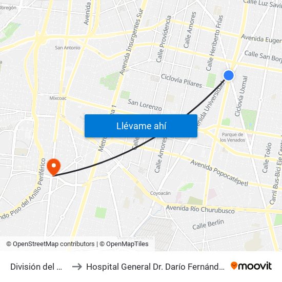 División del Norte to Hospital General Dr. Darío Fernández Fierro map