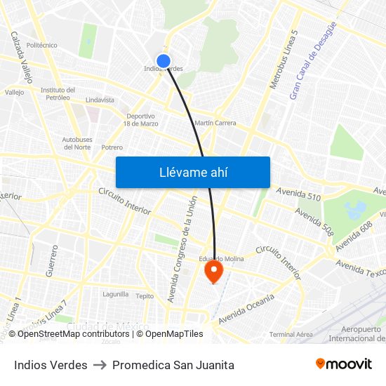 Indios Verdes to Promedica San Juanita map