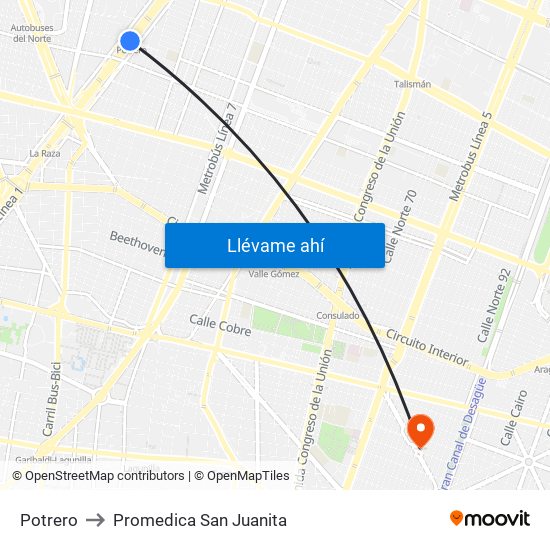 Potrero to Promedica San Juanita map