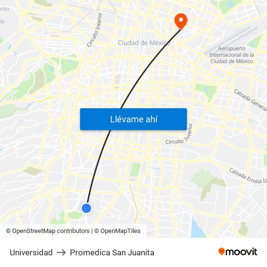 Universidad to Promedica San Juanita map