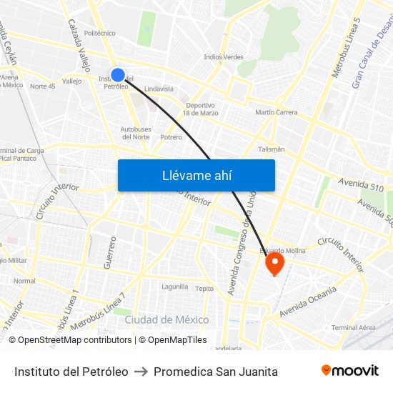 Instituto del Petróleo to Promedica San Juanita map