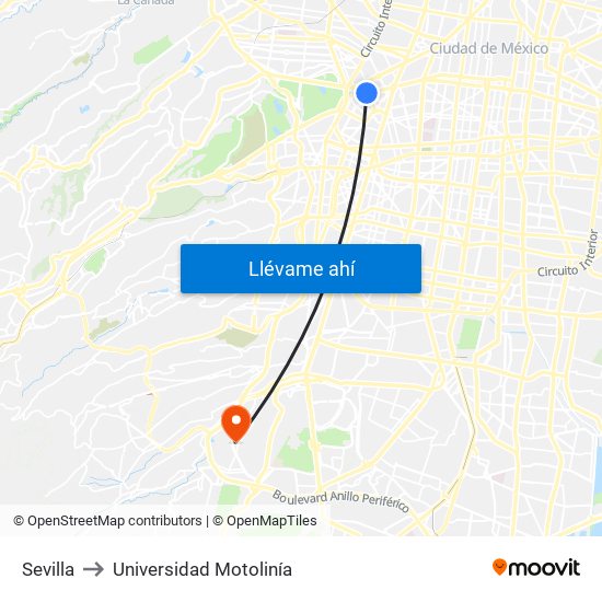 Sevilla to Universidad Motolinía map