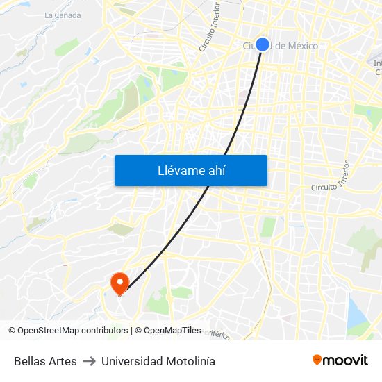 Bellas Artes to Universidad Motolinía map