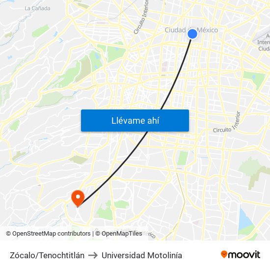 Zócalo/Tenochtitlán to Universidad Motolinía map