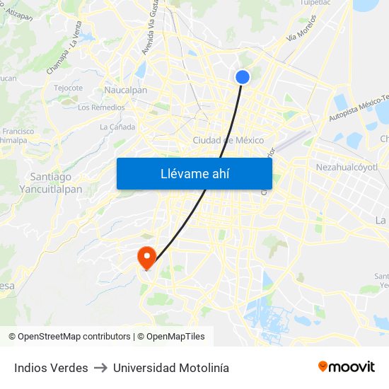 Indios Verdes to Universidad Motolinía map
