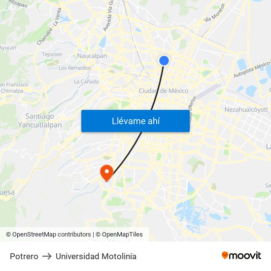 Potrero to Universidad Motolinía map