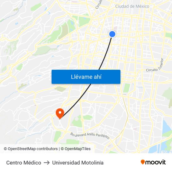 Centro Médico to Universidad Motolinía map