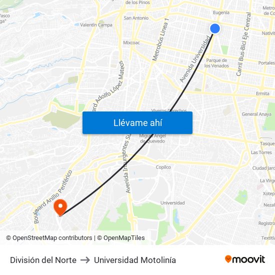 División del Norte to Universidad Motolinía map