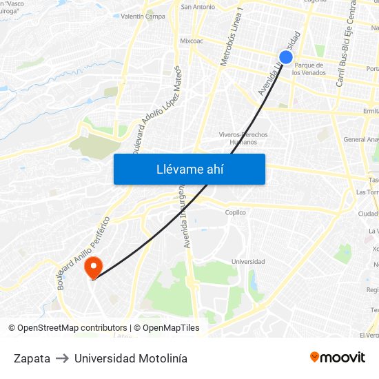 Zapata to Universidad Motolinía map