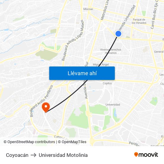 Coyoacán to Universidad Motolinía map