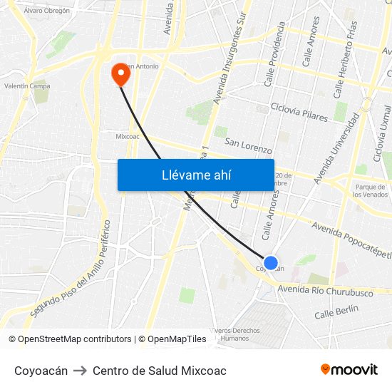 Coyoacán to Centro de Salud Mixcoac map