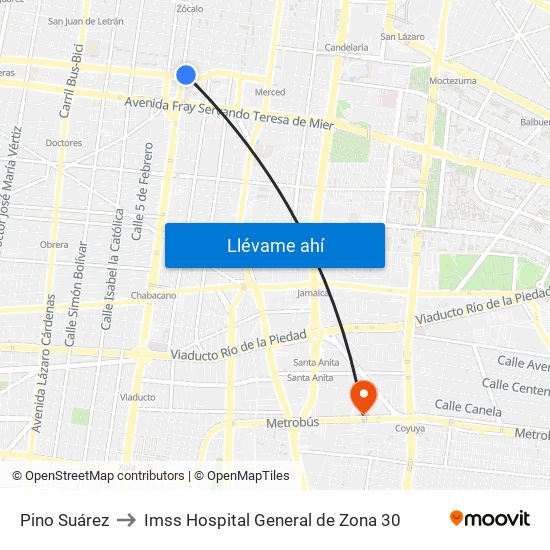 Pino Suárez to Imss Hospital General de Zona 30 map