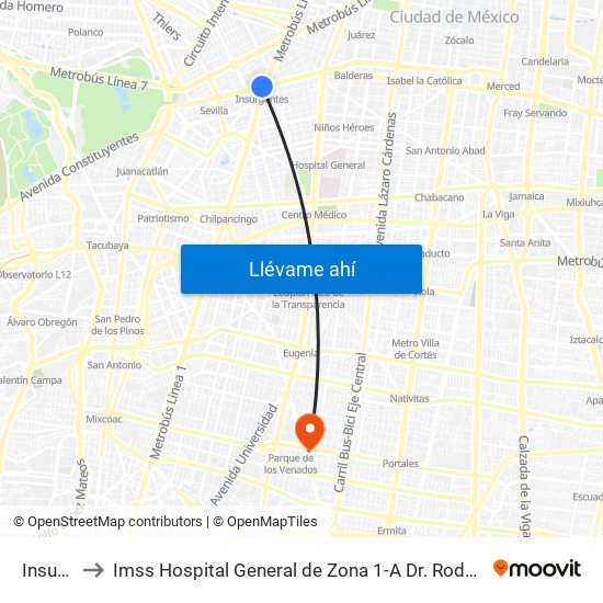 Insurgentes to Imss Hospital General de Zona 1-A Dr. Rodolfo Antonio de Mucha Macias ""Venados"" map