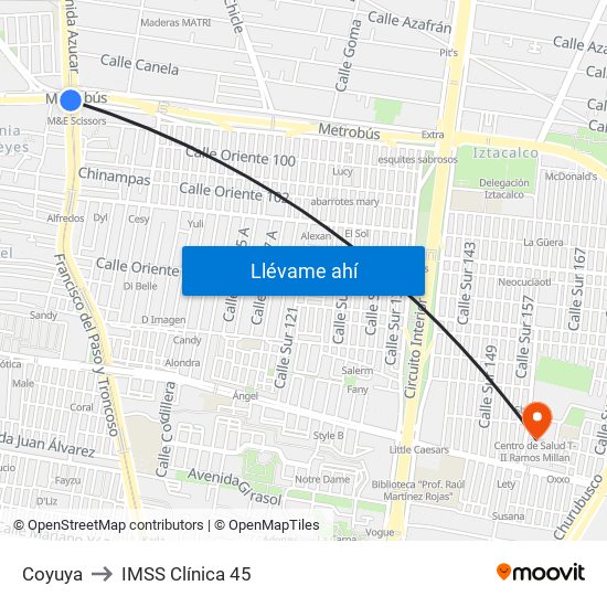 Coyuya to IMSS Clínica 45 map